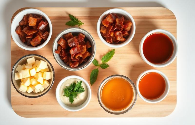 Small wooden tray with toppings, sauce, and side dishes