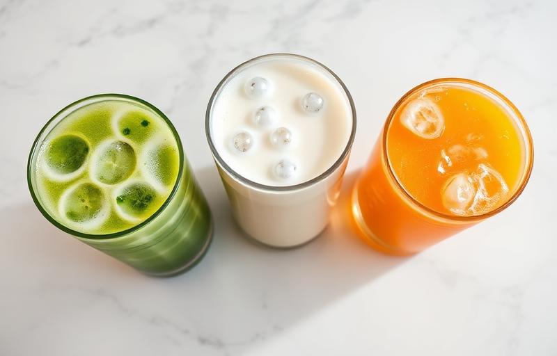 Three drinks: matcha, bubble milk tea, and orange juice
