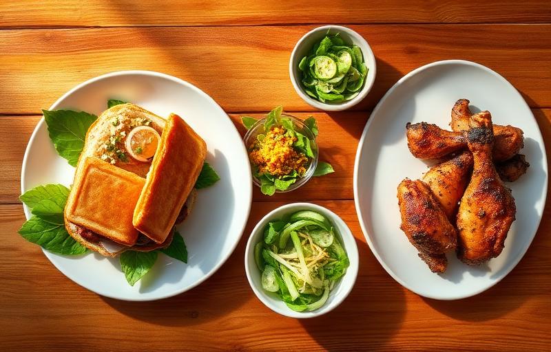 Plate of food including sandwich, salad and grilled chicken